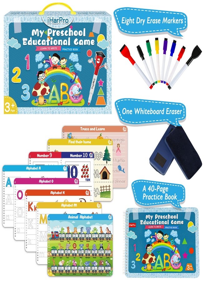 iHarPro Handwriting Practice Tracing Books for Kids Ages 3-5, Montessori Preschool Learning Activity, Autism Educational Learn Number Letters Shapes Animal & Sight Words Workbook with 8 Dry Erase Markers - Image 2
